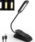 Grab And Go Clip On Book Light With 12 LED USB Rechargeable Battery, showing flexible neck and USB cable, 3 level brightness