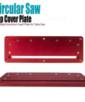 Red table saw throat plate with flip cover for upside-down cuts, aluminum alloy, shown front and back for woodworking benches.