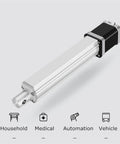 Top Shelf Linear Actuator With Electric Stepper Motor Controller For DC 9 To 32V Applications, smooth silver aluminum body.