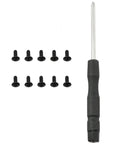 Heavy Hitter M2x5 Replacement Screws With Phillips Mini Driver For Walkie Talkie Belt Clips And Radio Bases featuring ten black screws and screwdriver.