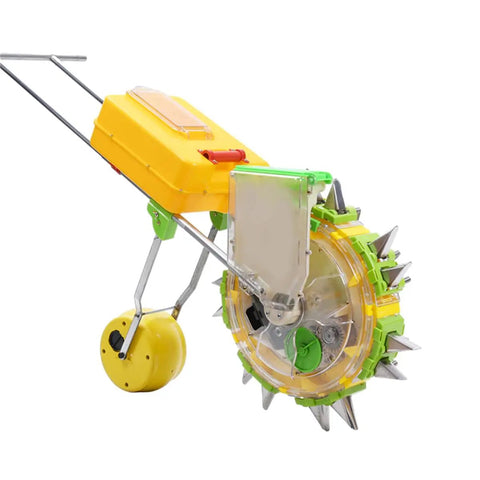 Easy To Use Handheld Seed Sower And Fertilizer Applicator With Double Row Seeder, Walk Behind Row Crop Tool in yellow and green