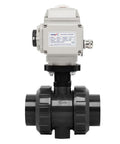 Motorized UPVC Ball Valve With Electric Actuator 24V DC, 4 Inch 110mm, Threaded, 16 Bar, IP67, For Water Air And Liquids, HVAC System Ready, Built Tough For Easy Install, Corrosion Resistant And Reliable Performance, CE NSF ANSI. front view