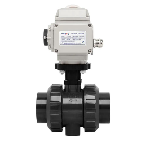 Motorized UPVC Ball Valve With Electric Actuator 24V DC, 4 Inch 110mm, Threaded, 16 Bar, IP67, For Water Air And Liquids, HVAC System Ready, Built Tough For Easy Install, Corrosion Resistant And Reliable Performance, CE NSF ANSI. front view