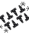 Eight Pack Heavy Duty T Shaped Door Hinges For Large Wood Gates Perfect For Barns Fences And Sheds Durable Iron Construction With Classic Black Finish Easy Install With Included Screws For Smooth Quiet Swing displayed with screws