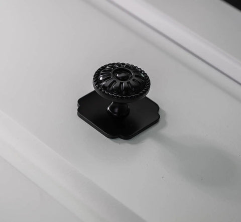 Four Pack Matt Black Kitchen Cabinet Knobs 1.25 Inch Round Zinc Drawer Knobs With Victorian Floral Pattern For Farmhouse And Vintage Dresser Furniture Hardware Upgrade Your Cabinets In Style on white cabinet