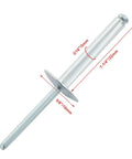 60-Piece Large Flange Aluminum Blind Rivets 3/16 Inch By 1-1/4 Inch Dome Head Pop Rivets Silver shown with dimensions