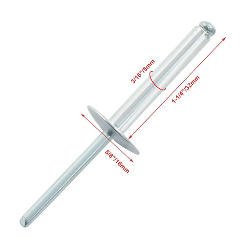 60-Piece Large Flange Aluminum Blind Rivets 3/16 Inch By 1-1/4 Inch Dome Head Pop Rivets Silver shown with dimensions