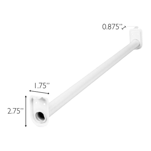 Adjustable Closet Rod 48 To 72 Inches White, Heavy Duty Steel Construction, Easy Install, shown with dimensions and mounts