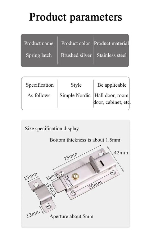 Heavy Duty Stainless Steel Gate Latch Rock Solid Sliding Spring Barrel Bolt With Brass Push Button dimensions and detailed specifications