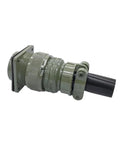 MS3102A military-spec circular panel-mount connector with knurled coupling and attached black cable.