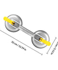 Super Heavy Duty 2 Jaw Glass Suction Cup Lifter Tool With Spring Loaded Locking Handle showing dimensions of 32 cm by 13 cm, aluminum and rubber construction.