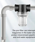 Inline Sediment Filter For Garden Hose And Pressure Washer, Three Quarter Inch Female Thread, RV Water Pump Strainer attached to pipe.
