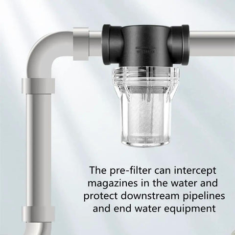 Inline Sediment Filter For Garden Hose And Pressure Washer, Three Quarter Inch Female Thread, RV Water Pump Strainer attached to pipe.