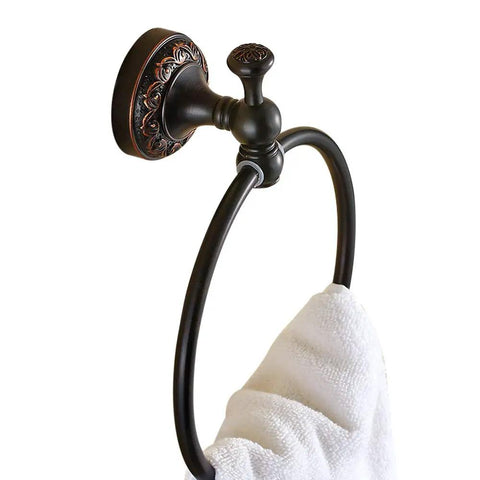 Oil Rubbed Bronze Round Towel Ring Wall Mounted With Flower Base Brass Towel Holder For Bathroom Accessories Screw In Mount