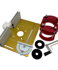 Plug And Play Aluminum Router Table Insert Plate Featuring Ridiculously Smooth Electric Lift System For Fast Wood Engraving And Easy Slotting Chores Warm Gold Anodized Surface with adjustable components.