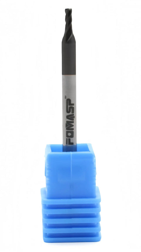 Front view of Carbide Square End Mill 4 Flute Diameter One Sixteenth Inch, Cutting Length Three Sixteenth Inch in a blue holder.