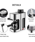 Kickstart Your Daily Grind With This Semi Automatic Espresso Machine Featuring A Five Bar Pressure Pump And Built In Milk Frother For Barista Quality Lattes And Frothy Macchiatos At Home, showcasing stainless steel head and steam tube.