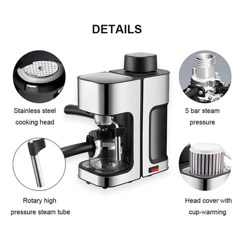 Kickstart Your Daily Grind With This Semi Automatic Espresso Machine Featuring A Five Bar Pressure Pump And Built In Milk Frother For Barista Quality Lattes And Frothy Macchiatos At Home, showcasing stainless steel head and steam tube.