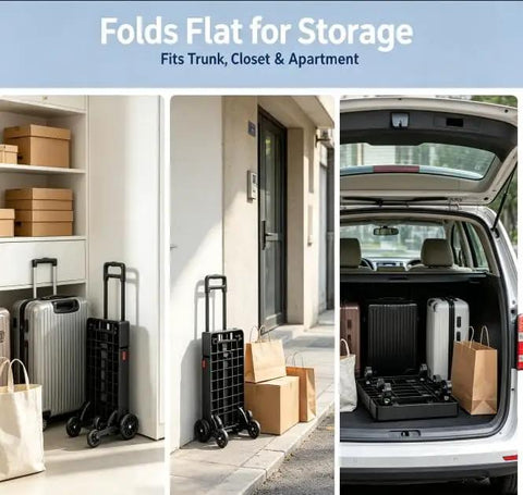 Beefy Folding Hand Truck Dolly Cart With 6 Wheels And 500 Lb Capacity For Luggage Moving And Travel Heavy Duty Utility Cart That Folds Flat For Easy Storage Sturdy Haul With 2 Elastic Ropes folded flat in closet, apartment, and car trunk