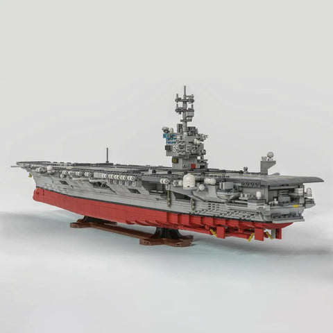 Top Shelf USS Enterprise CVN 65 Aircraft Carrier Building Blocks Set With 4941 Heavy Duty Bricks And 1 350 Scale Military Ship Model Including 28 Scale Jets Plus Sleek Display Stand For Real Deal Fans, detailed side view of massive ship model.