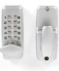 Front and back view of Keyless Digital Door Lock Set With Push Button Code Entry For Home And Business, aluminum body.