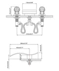 Technical drawing of widespread bathroom sink faucet with crystal knob for 3-hole waterfall vanity faucet, deck mount, solid brass construction