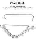 Bike chain hook and 12-speed link shown with description for 8 Pack 12 Speed Bike Chain Quick Link Set For Mountain And Road Bikes Reusable Steel Missing Link With Chain Hook Durable Carbon Steel Silver Finish Easy Install Long Lasting Chain Repair Kit.