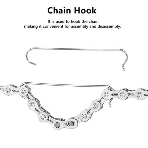 Bike chain hook and 12-speed link shown with description for 8 Pack 12 Speed Bike Chain Quick Link Set For Mountain And Road Bikes Reusable Steel Missing Link With Chain Hook Durable Carbon Steel Silver Finish Easy Install Long Lasting Chain Repair Kit.