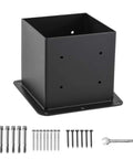 6x6 Post Base Set Of 4 With Inner 5.6x5.6 Post Anchors 13 Gauge Solid Steel Black Powder Coated Built Tough For Lasting Strength Deck Post Brackets And Base Plate Kit For Pergolas Fences Railings Easy Install, side view with screws and tools