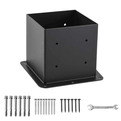 6x6 Post Base Set Of 4 With Inner 5.6x5.6 Post Anchors 13 Gauge Solid Steel Black Powder Coated Built Tough For Lasting Strength Deck Post Brackets And Base Plate Kit For Pergolas Fences Railings Easy Install, side view with screws and tools