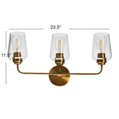 Mid Century Inspired Three Light Vanity Fixture in Brushed Bronze With Metal Base and Snifter Glass Shades, 23.5 x 11.5 inches