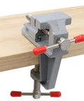 Grab N Go Portable Table Vise Clamp for workbench, securing wood with swivel feature, lightweight compact bench tool.