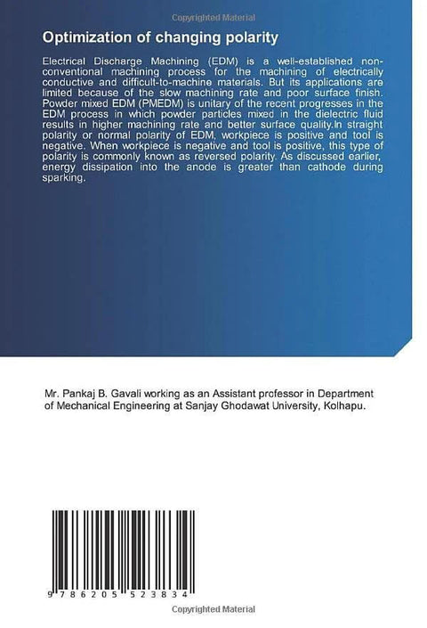 Book back cover: Optimization of changing polarity in PM-EDM, blue gradient with synopsis text and barcode.