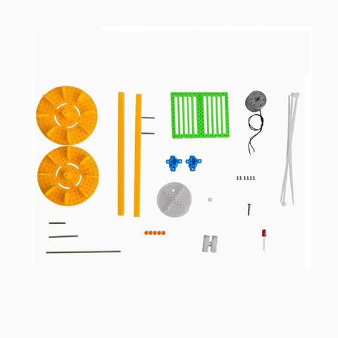Hands-On Hand Crank Water Turbine Generator For Physics Class And DIY Hydroelectric Kit, parts laid out on white