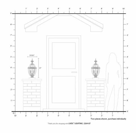 Diagram showing installation of two Georgetown 2-Light Outdoor Post Head In Polished Brass With Clear Beveled Glass on brick pillars.