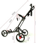 Slick Foldable Three Wheeled Golf Cart Crafted From Solid Aluminum Alloy, shown in profile with dimensions, smooth rolling wheels.