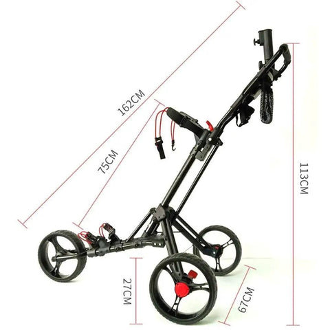 Slick Foldable Three Wheeled Golf Cart Crafted From Solid Aluminum Alloy, shown in profile with dimensions, smooth rolling wheels.