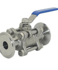 VARMHUS 1/2-in sanitary ball valve; side view, blue lever, 304 stainless steel, tri-clamp ends