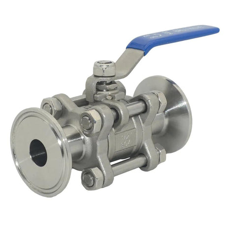 VARMHUS 1/2-in sanitary ball valve; side view, blue lever, 304 stainless steel, tri-clamp ends