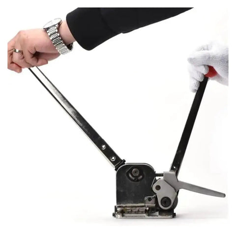 GD35 Manual Sealless Steel Strapping Machine Innovative Combination Banding Tool in use with gloves tightening steel strap.