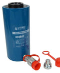 Hollow hydraulic cylinder HC0003 by TEMCo, front view, blue 30-ton cylinder with red end fittings and cap