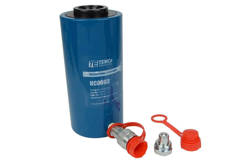Hollow hydraulic cylinder HC0003 by TEMCo, front view, blue 30-ton cylinder with red end fittings and cap