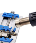 Nine Piece Hot Air Gun Nozzle Set for 861DW Rework Station in use on PCB with 45 degree angled nozzle shown directed at circuit board.