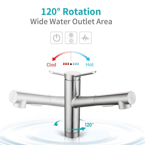 Chrome Kitchen Sink Faucet With Pull Out Sprayer For Farmhouse And Bar Sinks Durable Lead Free Stainless Steel Mixer Tap With Fingerprint Resistant Chrome Finish Easy Install No Fuss showing 120° rotation and wide water outlet area.