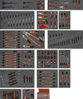 Boss Level 197 Piece Mechanics Toolkit With Slick Rolling Cabinet And Custom Cut Eva Foam Inserts For Absolute Anti Drop Lockdown And Heavy Duty Shop Readiness On Every Build organized in foam trays.