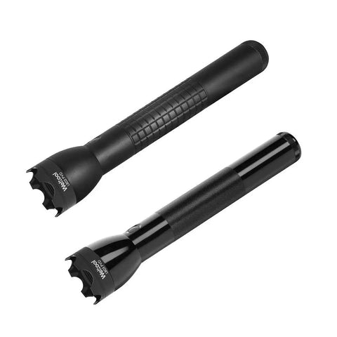 Black PVD Flashlight Strike Bezel for Maglite C or D Cell Flashlights with LED ML300L and ML300 LX, top view of flashlights