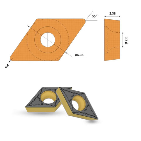DCMT21.51 carbide inserts diagram and 3D view for steel CNC turning semi finish set of 10 with 1/4 in IC