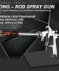 Heavy Duty Long Handle Pneumatic Paint Sprayer With Precision Stainless Nozzles And Built In Pressure Gauge For Flawless Auto And Furniture Coats No Sweat High Low Reach Setup, showing a detailed long-rod spray gun with a pure copper atomizing cap.