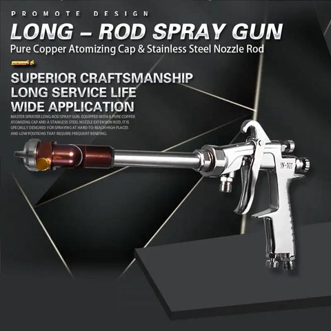 Heavy Duty Long Handle Pneumatic Paint Sprayer With Precision Stainless Nozzles And Built In Pressure Gauge For Flawless Auto And Furniture Coats No Sweat High Low Reach Setup, showing a detailed long-rod spray gun with a pure copper atomizing cap.