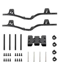 Carbon Fiber RC Car Chassis Frame Kit For Capra SCX10 I II III LCG Low Center Of Gravity components layout on white background.